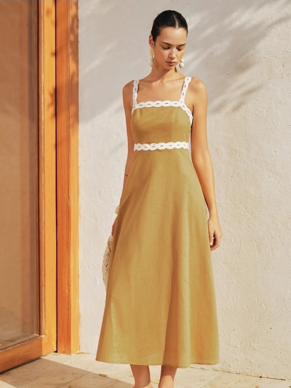 Commense Mustard Midi Dress with White Scalloped Trim